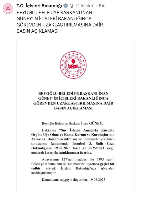Beyoğlu Belediye Başkanı İnan Güney görevden uzaklaştırıldı