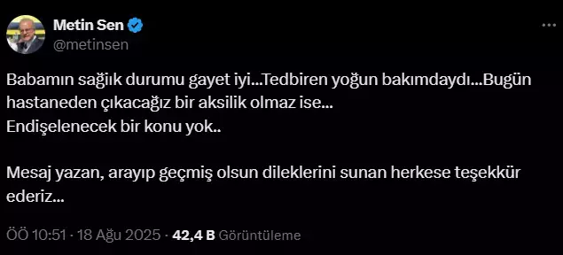 Yoğun bakıma kaldırılan Ali Şen'den haber var